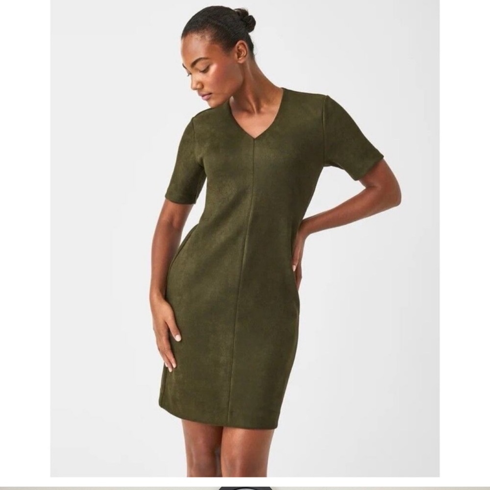 Spanx faux suede vneck mini dress size 1X Elegant Olive Green V-Neck Dress new